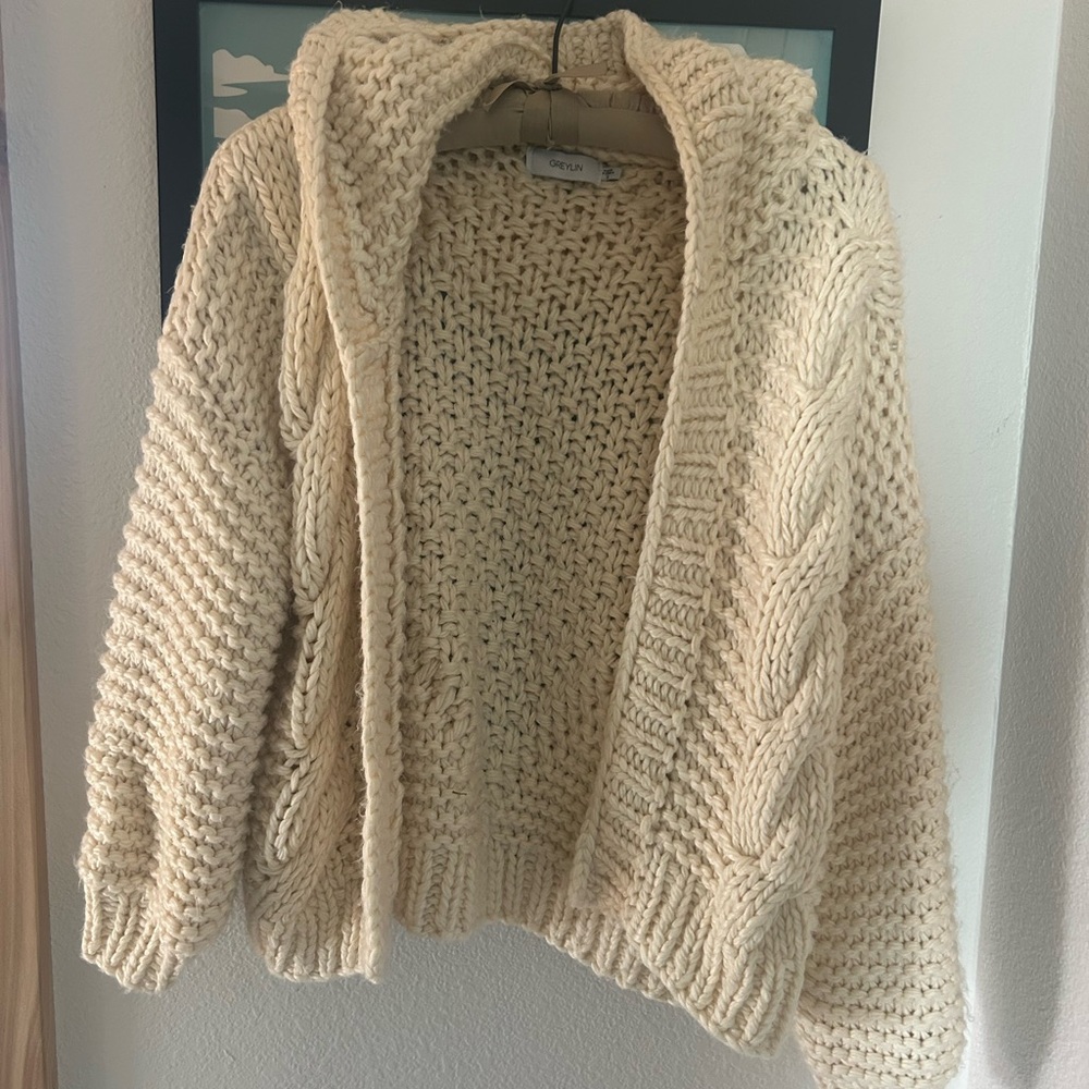 Anthropologie Greylin Cream Cable Knit Cardigan size SMALL